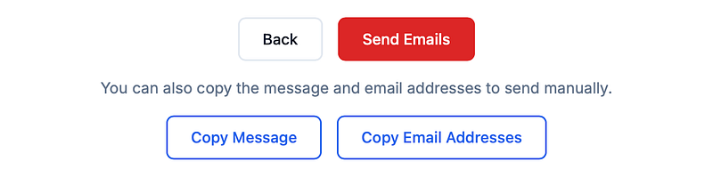 Last part of the form showing options to go back, send the emails, copy the message and copy the email addresses
