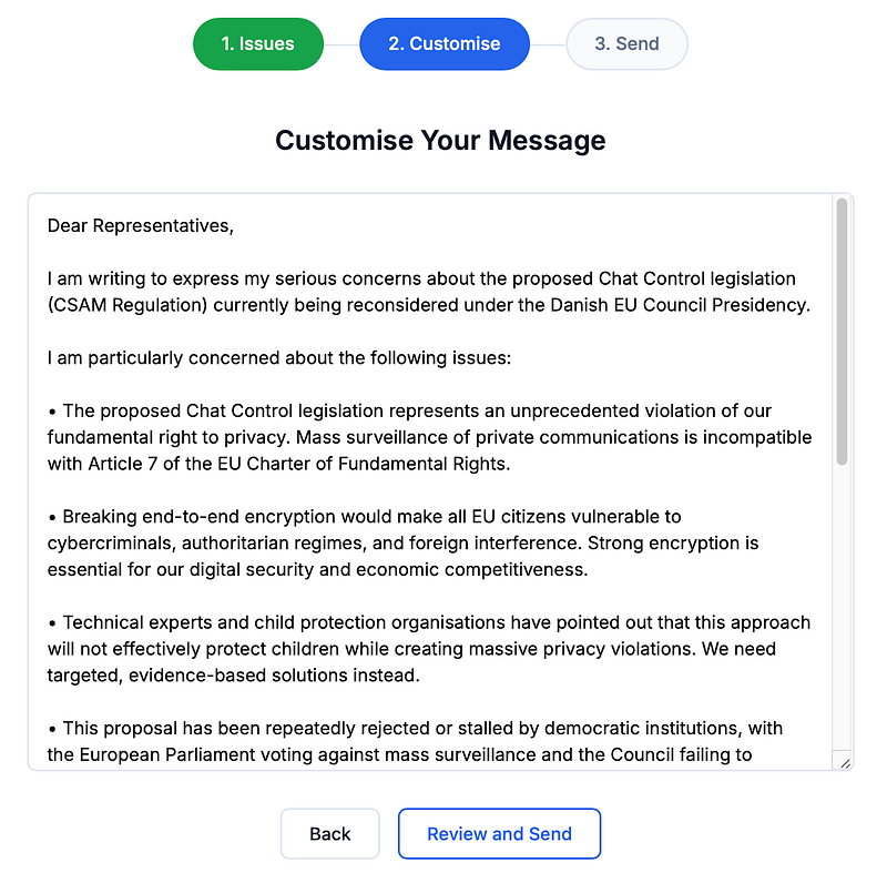 A form showing a text field of the message preview and allowing customization