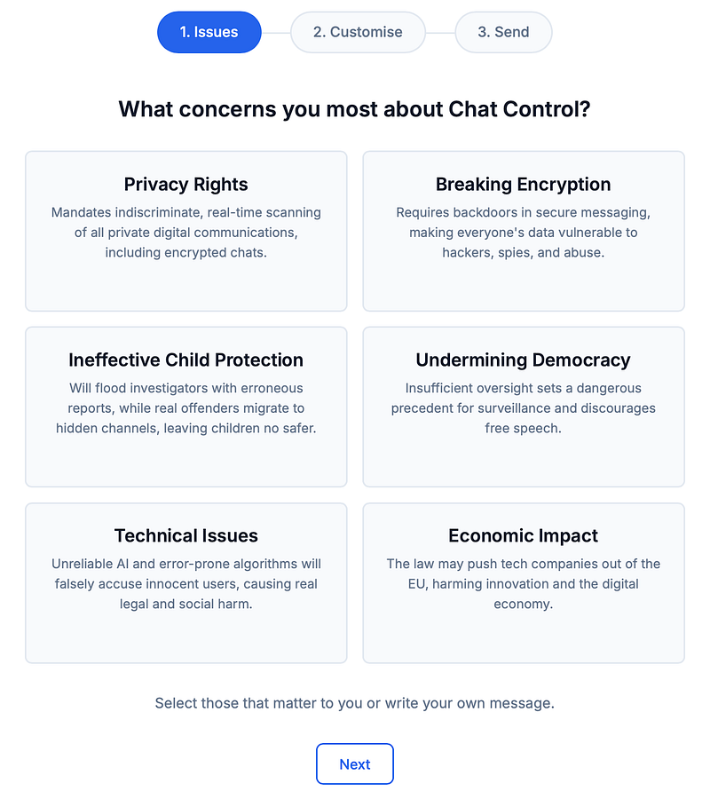A form showing possible issues about Chat Control to select: Privacy Rights, Breaking Encryption, Ineffective Child Protection, Undermining Democracy, Technical Issues and Economic Impact