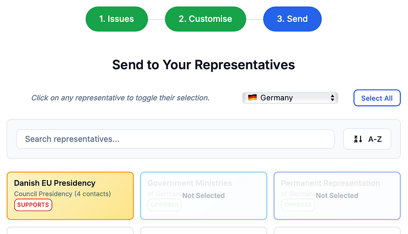 A form showing a country of residence selection and appropriate MEPs for the selected country