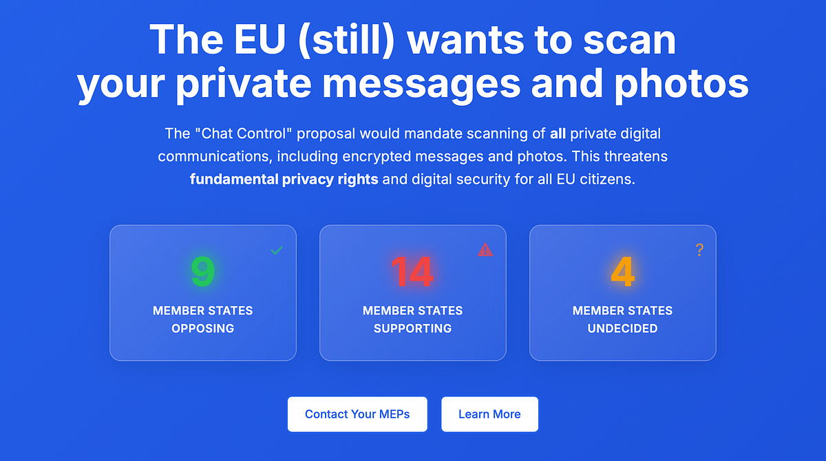 A picture showing that 9 EU member states oppose Chat Control, 14 support it and 4 are undecided. You can learn more or conta